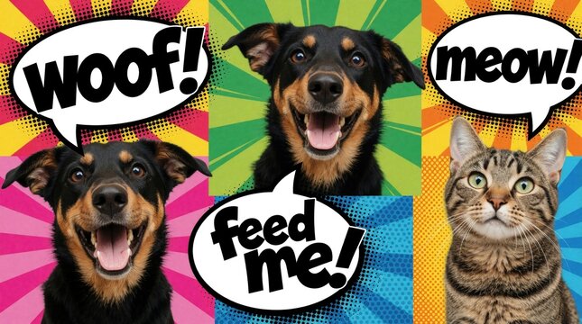 Dogs and cats in pop art style ask for food with speech bubbles. Colorful comic background has sunbursts and text woof meow feed me. Fun animal portrait.