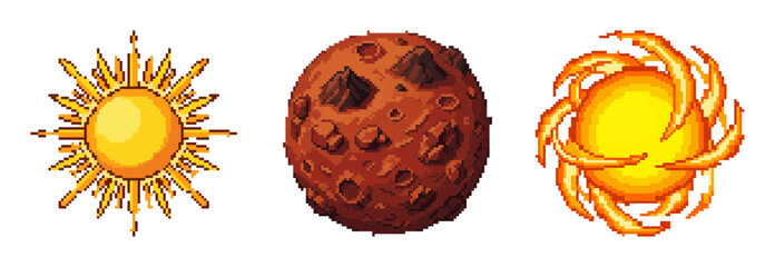 Pixel art illustration of sun rocky planet and fiery star in space © Senuko