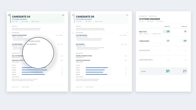 Side by side resume comparison scoring two job candidates on a clean white interface