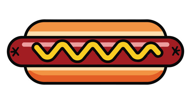 Minimalist hot dog vector illustration, classic fast food icon with mustard, retro diner sausage sticker design