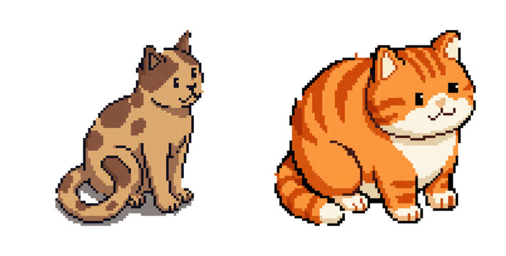 Two pixel art cats sitting side by side with different fur patterns in retro style