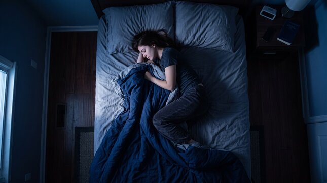 Overhead view of a person sleeping soundly in a dark bedroom, curled up under a blue duvet at night.