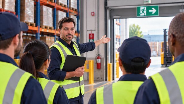  Warehouse manager with clipboard conducting safety briefing and training for workers in high-visibility vests at distribution center