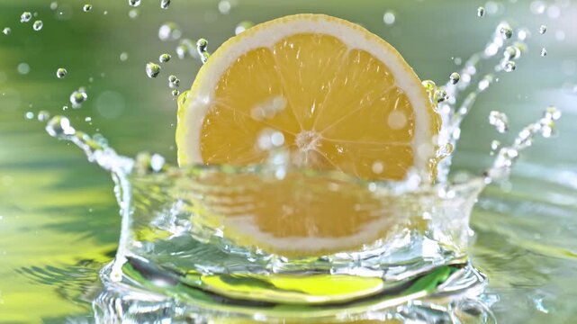 Super Slow Motion Shot of Fresh Lemon Falling into Water and Making Splash at 1000fps.