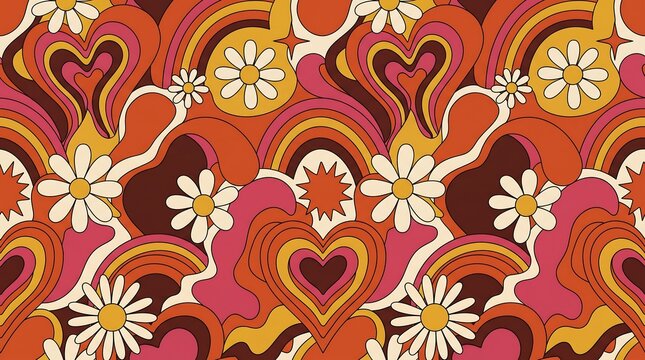 Retro 1970s style seamless pattern with groovy hearts, rainbows, and daisies in warm orange and pink