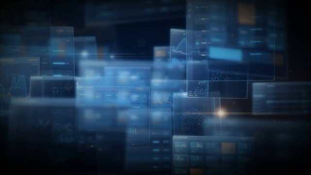 Blue data screen motion background with a seamless loop flight through translucent panels