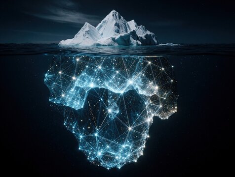 Glowing digital iceberg floats in dark deep ocean. Submerged ice structure shows complex network of light connections, data particles. Abstract concept of big data, artificial intelligence, hidden
