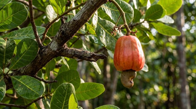 A single ripe orange cashew fruit hangs from a tree branch in a tropical orchard with branch surrounded green fruit attached seed