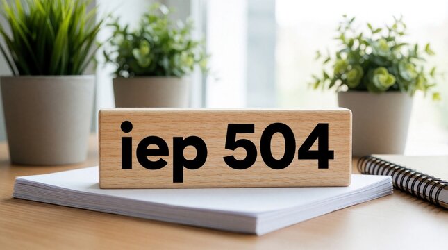 Wooden block with iep 504 text sits on paperwork near plants. Planning document for student support on desk. Special education resource for learning needs.
