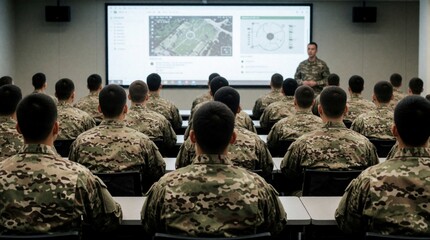 Fototapeta premium Military trainees in camouflage uniforms sit in classroom for lesson. Instructor stands near large screen showing map, data. Soldiers listen to lecture during training session in bright indoor room.