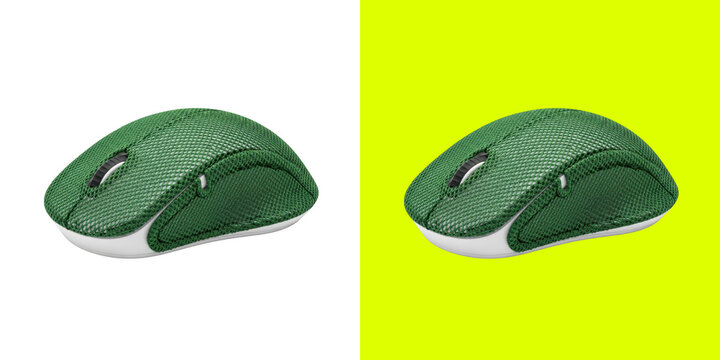 Modern wireless computer mouse with unique textured green fabric shell surface design transparent png