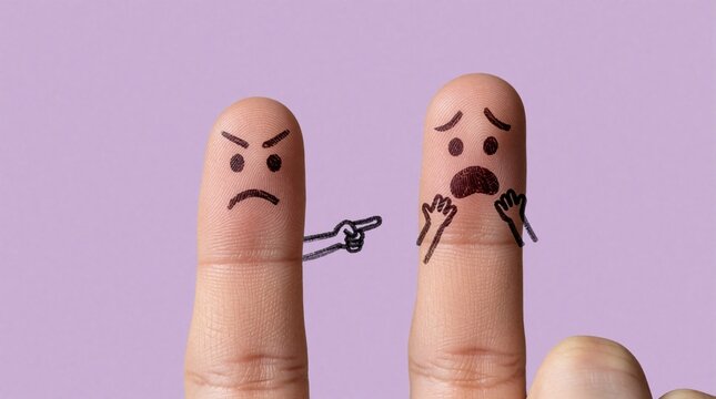 Two fingers with drawn faces depict conflict. One finger shows anger and accusation, the other fear and distress, symbolizing bullying or harassment. Conceptual representation of interpersonal issues.