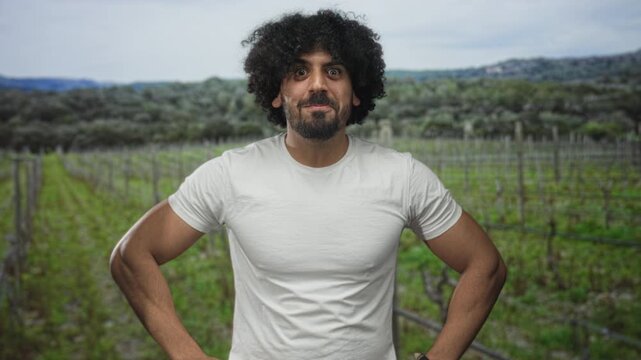 Man with curly hair and beard, hands on hips pose, wearing white tshirt with chest visible in forest vineyard rows; surprise.