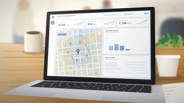 Laptop on a wooden desk showing a local business analytics dashboard in a bright office