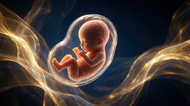 Developing human fetus floats in amniotic sac, inside womb. Abstract golden waves surround unborn baby. Medical science concept, early life stage.