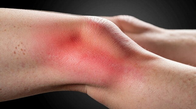 Swollen red knee displays bursitis pain. Human leg joint shows inflammation and fluid buildup. Medical condition needs care and treatment for recovery.