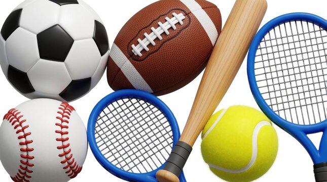 Collection of sports balls and equipment including soccer, baseball, football, tennis racket, tennis ball, and baseball bat. Ready for game, practice, or competition.