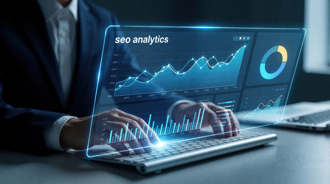 Businessman works with digital seo analytics dashboard on laptop. Glowing holographic interface shows organic traffic growth, keyword rankings, web performance charts. Pro marketer uses tech tools
