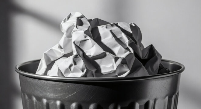 Crumpled paper ball inside a metal trash bin representing office waste disposal failure and creative frustration in black and white