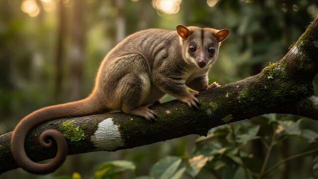 An adorable cuscus with a curled tail sitting on a mossy tree branch in the tropical rainforest jungle