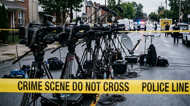 Crime Scene Tape News Media Cameras Outside Police Investigation Press
