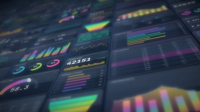 Colorful data wall with a gradient funnel chart gauges and a rising counter in a seamless loop