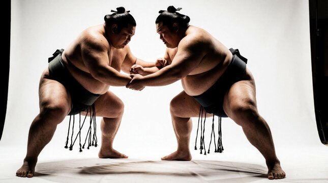 Two muscular sumo wrestlers in traditional mawashi loincloths face in combat stance. Japanese athletes prepare for intense competition, wrestling match. Strong men show power, balance, discipline on