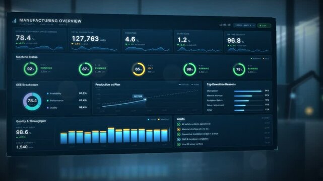 Manufacturing overview dashboard on a control room screen tracking OEE machine status and downtime