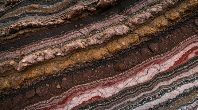 Close-up view of striated rock formation showing colorful layers of sediment and stone. Natural abstract background with intricate patterns and geological strata detail.