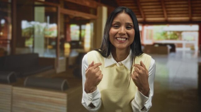 Woman in cream vest pointing thumbs to chest, smiling broadly with visible teeth in a building lobby; confidence.