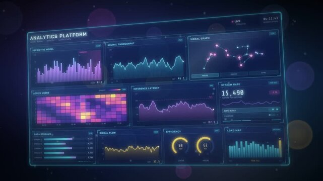 Holographic analytics platform panel with a heatmap scatter plot and gauges over purple bokeh