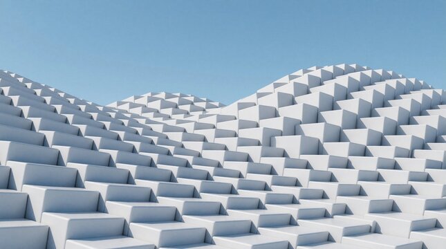 Abstract white geometric blocks form wavy stepped structure under clear sky. Minimalist design repeats shapes creating textured surface. Clean backdrop suits architecture or tech themes.