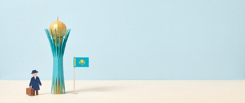 Paper cut composition featuring the Bayterek Tower in Nur-Sultan and flag of Kazakhstan, with a man in a hat holding a suitcase. Tourism and travel in Kazakhstan concept
