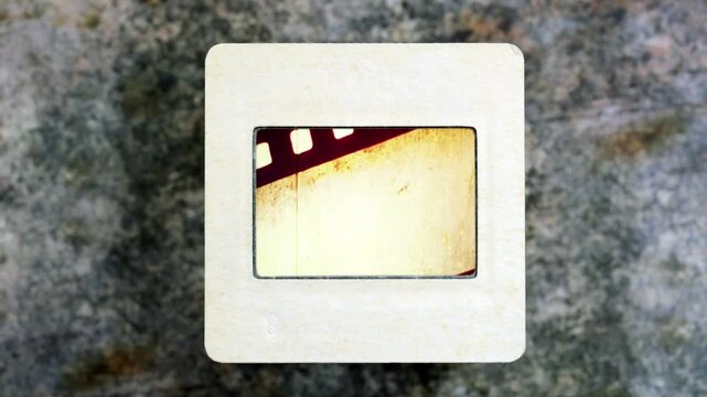 Vintage Film Strip Slide with Analog Glitch and Abstract Cinematic Frames