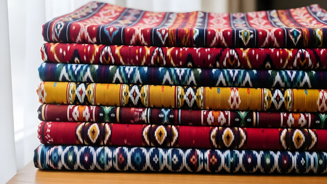 A colorful stack of folded traditional fabric with intricate patterns, ethnic textile design