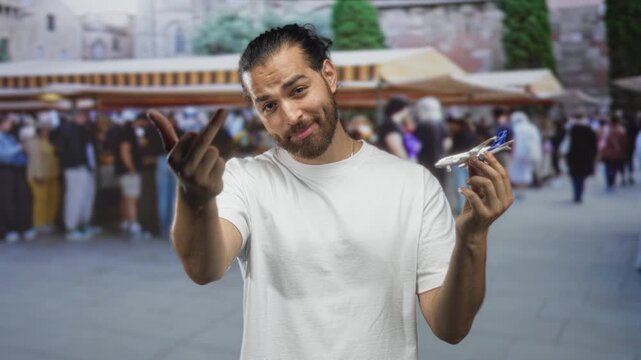 Man flips middle finger while holding a toy airplane at a crowded street market souvenir stall; defiance travel.