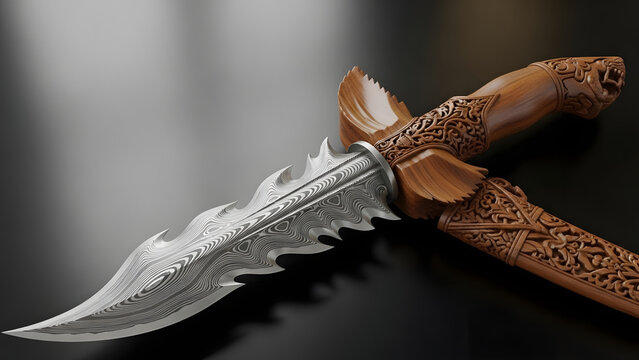 An ornate fantasy dagger with a carved wooden hilt and scabbard, resting on a dark reflective surface