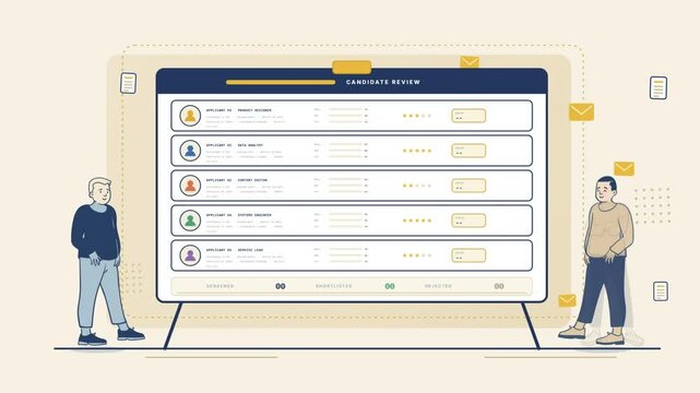 Flat illustration of a candidate review screen with a magnifier shortlisting the best applicant