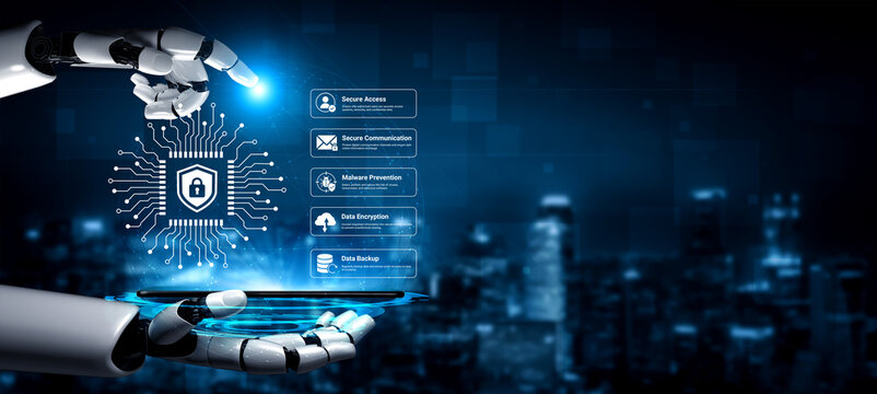 A futuristic robot hand interacts with a digital lock icon symbolizing cybersecurity, set against a vibrant city backdrop, illustrating modern technology and safety. Nascent