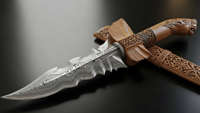 Traditional Indonesian Keris Dagger with Ornate Carved Wooden Sheath and Wavy Damascus Steel Blade for Cultural Heritage Display
