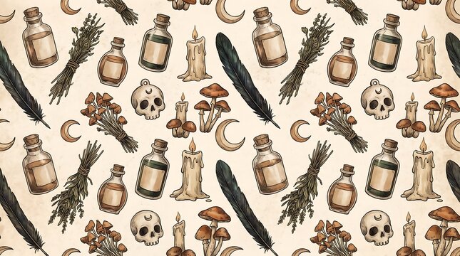 Seamless pattern with magic potions, skulls, feathers, candles, moons, and mushrooms on beige paper