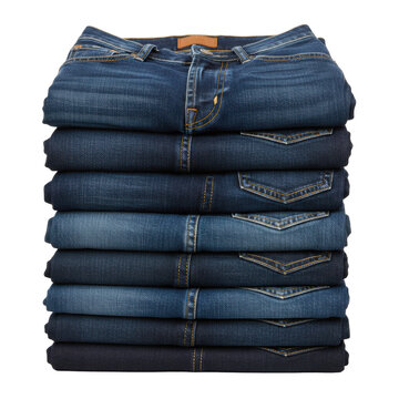 a high stack of neatly folded blue denim jeans showcasing rich indigo tones, detailed twill weave texture, contrasting yellow stitching, and brass rivets, product isolation concept