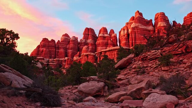 Pink sunset skies illuminate towering banded sandstone spires along the Druid Arch trail in the Needles District of Canyonlands Utah