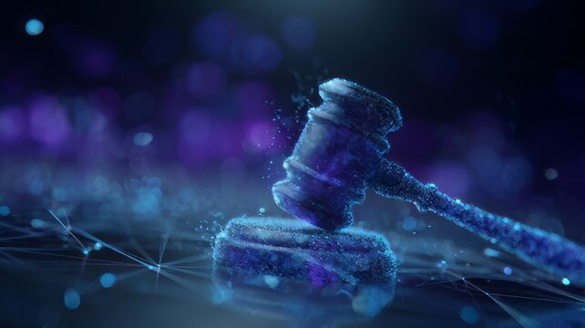 Digital law gavel with glowing blue particles. Futuristic legal technology concept. Cyber justice and online court system.