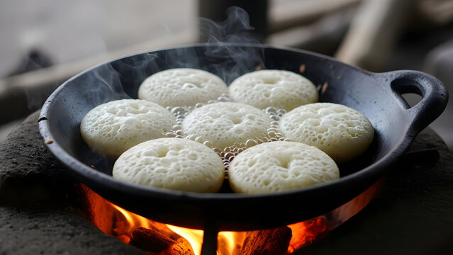 Traditional Sri Lankan street food appam or hoppers being cooked on an open wood fire in a clay stove