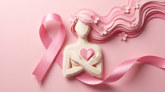 Layered paper cut art of a faceless woman holding a pink heart, surrounded by a flowing pink satin awareness ribbon and cherry blossoms, symbolizing breast cancer awareness and self care.