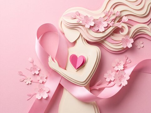 Layered paper cut art of a faceless woman holding a pink heart, surrounded by a flowing pink satin awareness ribbon and cherry blossoms, symbolizing breast cancer awareness and self care.