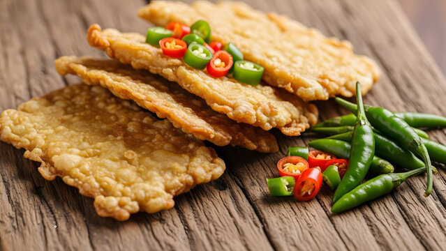 Fried tempeh or tempe mendoan, traditional Indonesian food, served with spicy green and red chili peppers on a wooden table