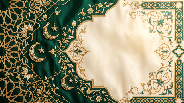 islamic decorative art festive background with ornate gold patterns and crescent moons