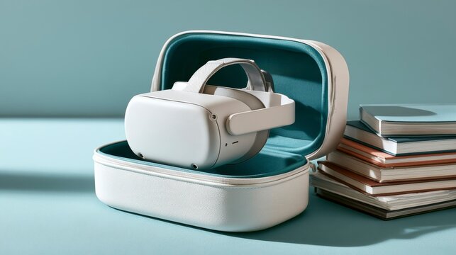 Virtual reality headset and protective case with stack of books on blue background